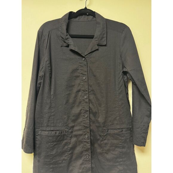 EILEEN FISHER Organic Linen Blend Long Sleeve Shirt Dress Pockets, Black, Sz L - Picture 3 of 8